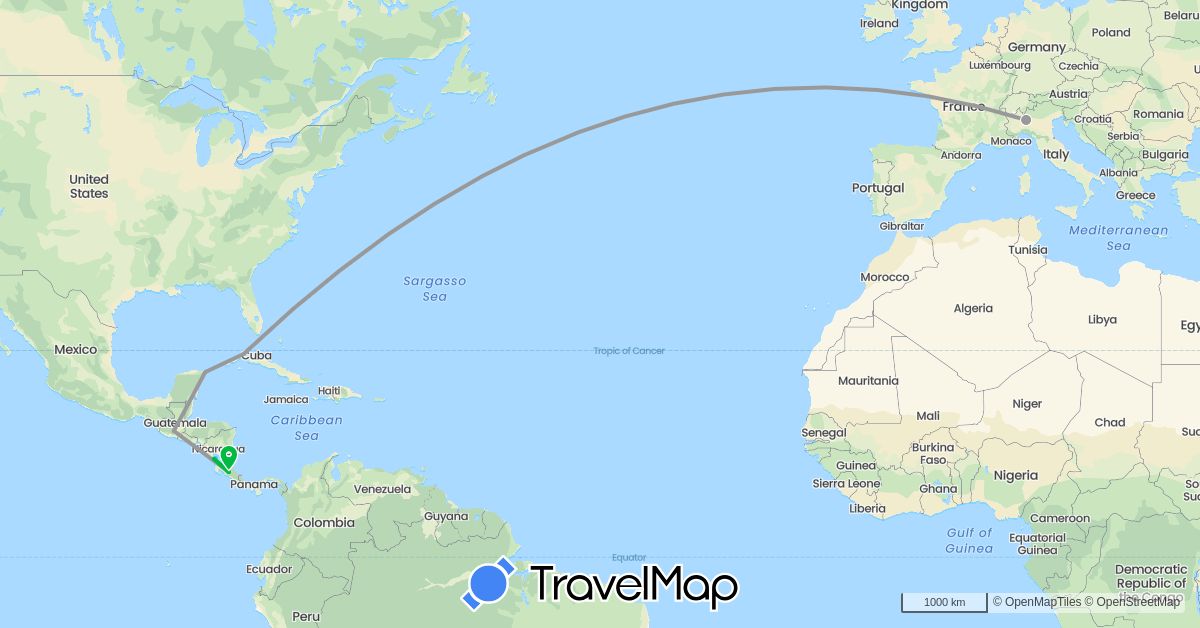 TravelMap itinerary: driving, bus, plane, boat in Costa Rica, Cuba, Guatemala, Italy, Mexico, Nicaragua (Europe, North America)